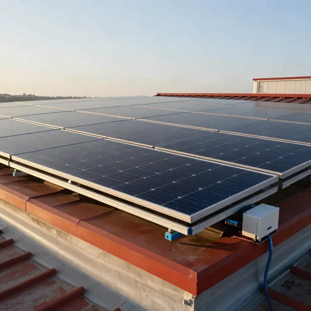 Azotea industrial con paneles solares al atardecer, luz rasante y cielo limpio.