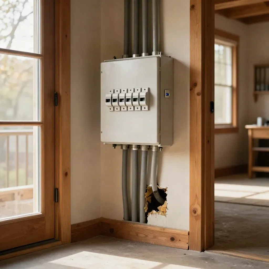Cuarto técnico residencial con cuadro eléctrico, medidor inteligente y aislamiento nuevo en una pared de instalaciones.