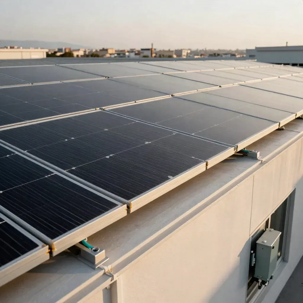 Cubierta industrial en Valencia con paneles solares y un inversor exterior al atardecer.