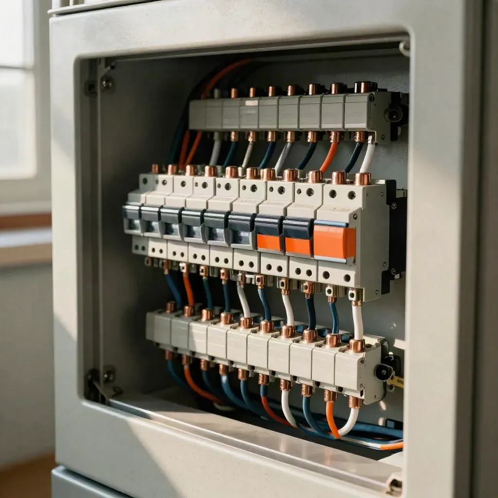 Cuadro eléctrico optimizado con cableado ordenado y relé de control en un entorno técnico limpio.