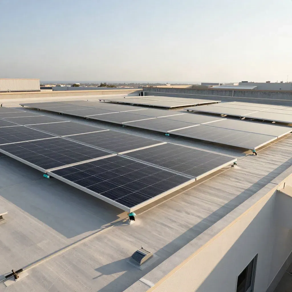 Tejado solar industrial en Valencia con paneles alineados y luz cálida de mañana.
