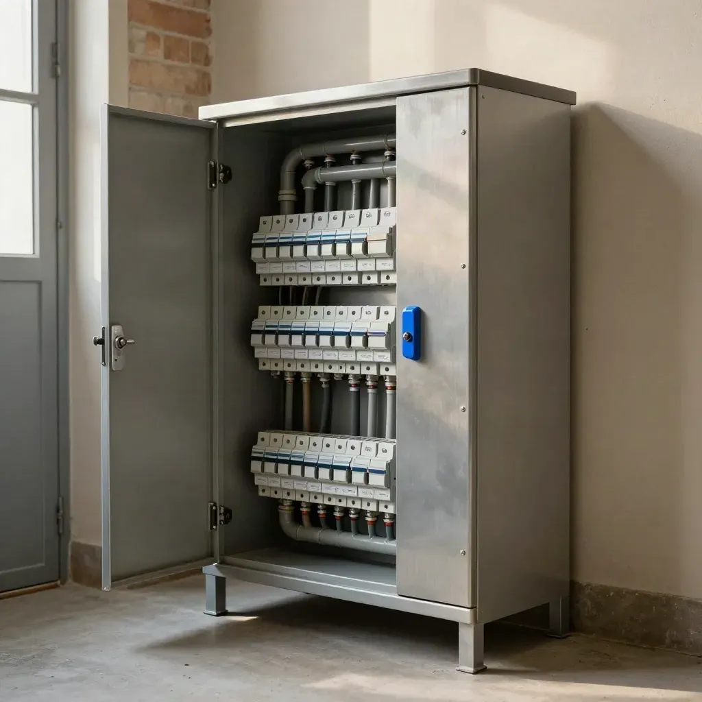 Cuarto de contadores limpio con cableado reordenado y sellos nuevos en una comunidad madrileña.