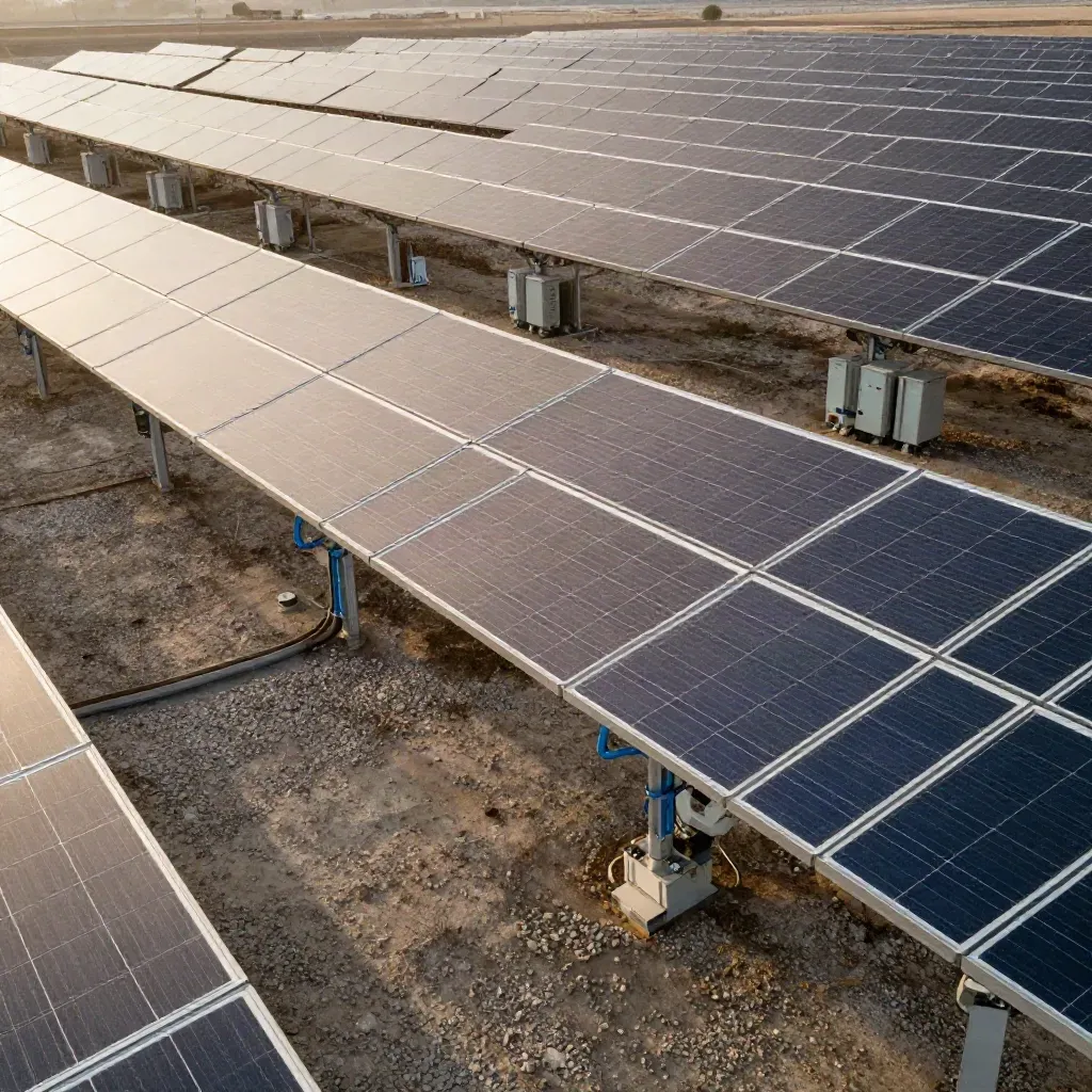 Planta solar en Zaragoza con paneles limpios, inversores ventilados y grava clara entre hileras.