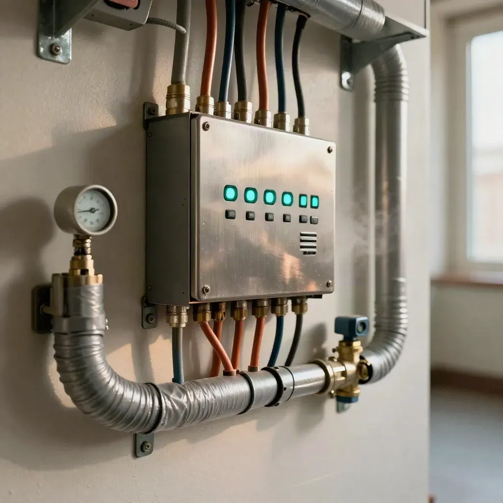 Cuarto técnico de hotel con control de consumo, tuberías HVAC y vapor suave.