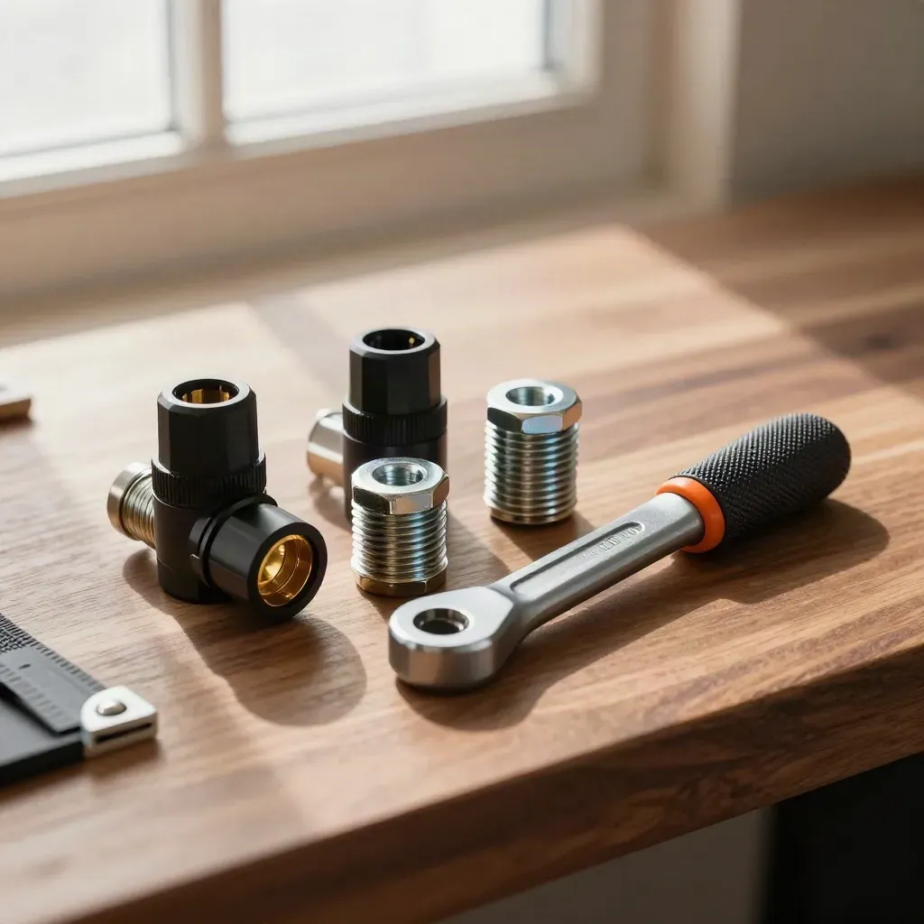 Conectores MC4, tornillos de aluminio y llave dinamométrica sobre un banco de obra iluminado dramáticamente.