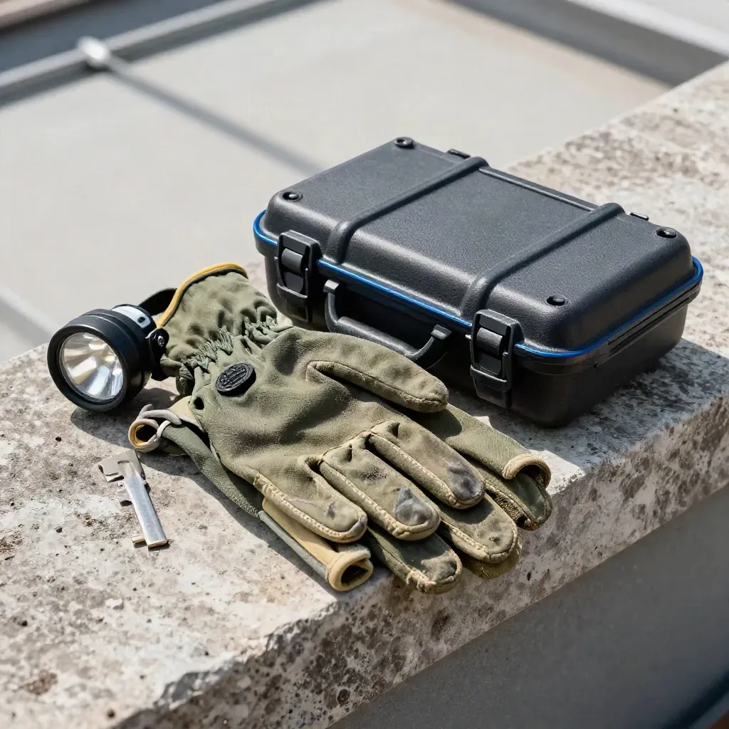 Guantes de trabajo, frontal apagada, estuche rígido y junta de goma listos para subir al tejado.