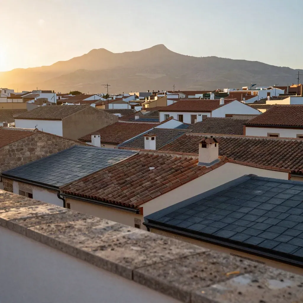 Vista amplia de Madrid al amanecer con la sierra al fondo y tejados de pizarra y teja.