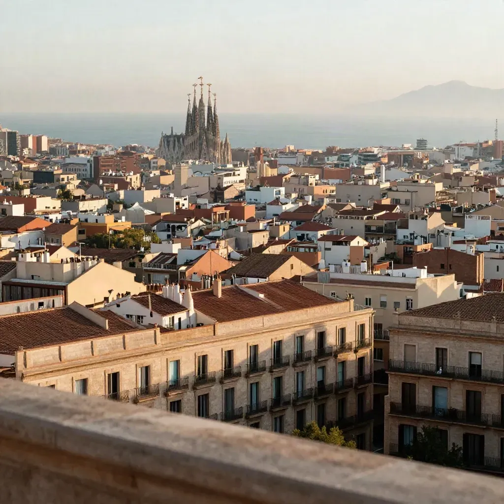 Vista amplia de Barcelona y la Sagrada Família sobre una ciudad en calma y luz suave.