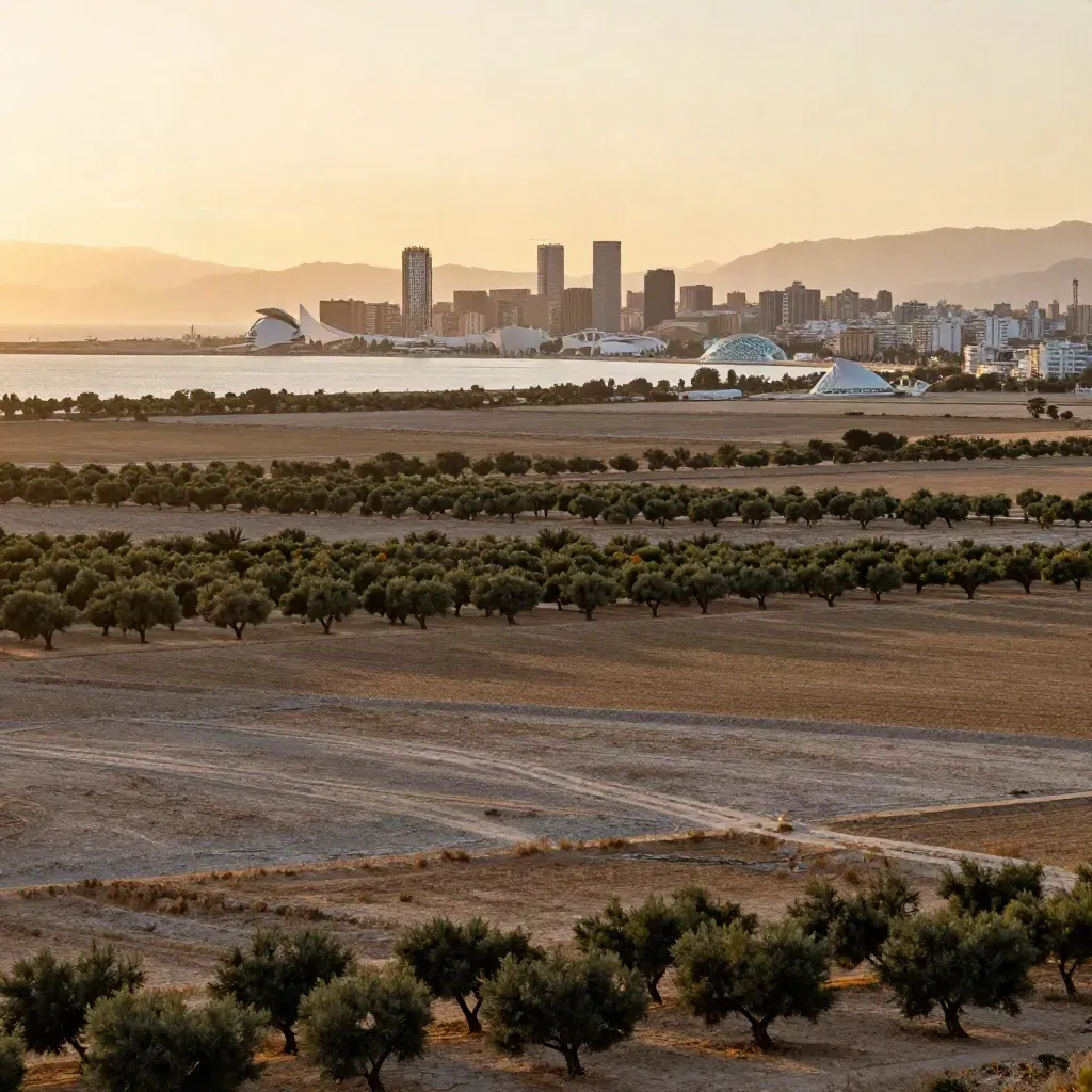 Vista dorada de Valencia con naranjos y la Ciudad de las Artes en el horizonte.
