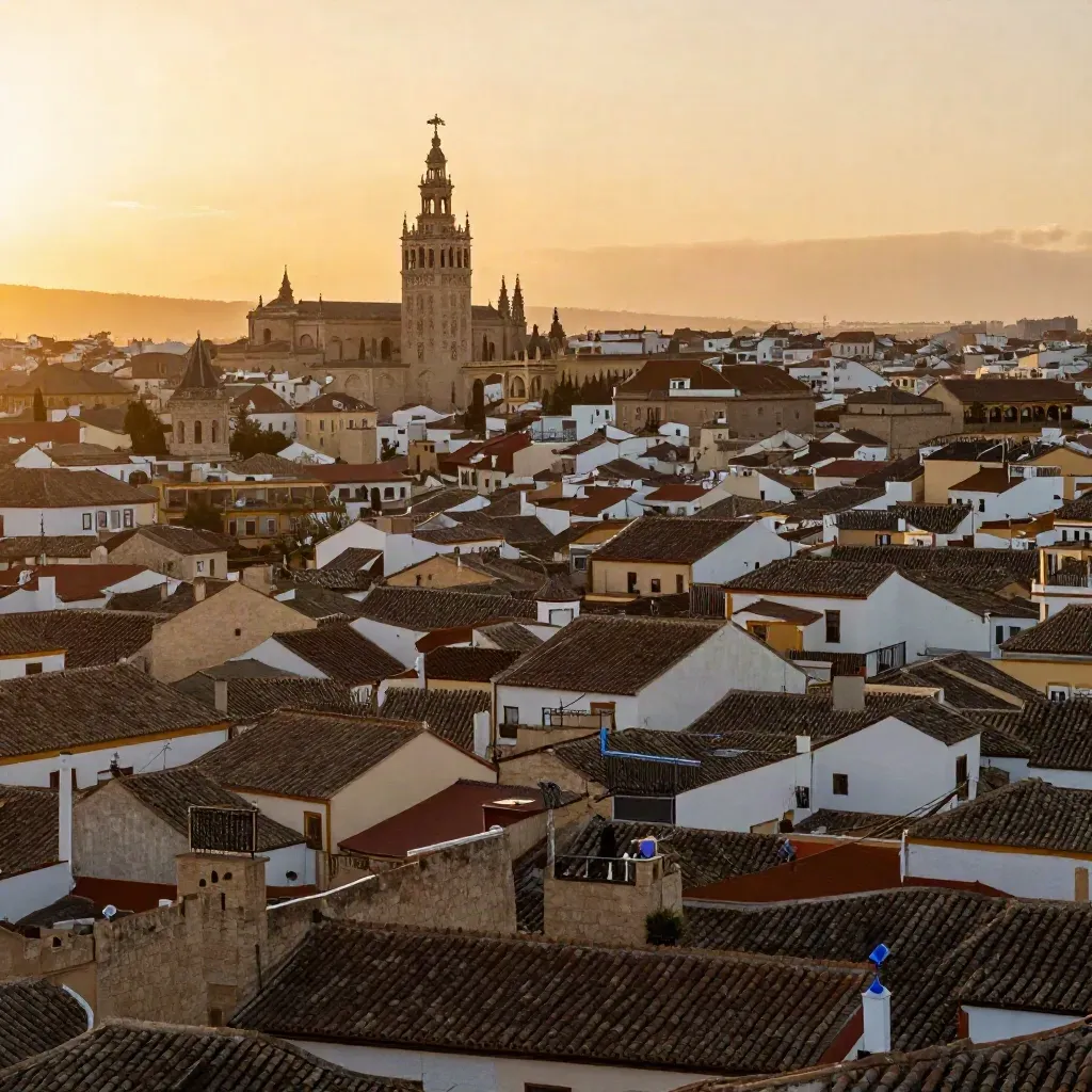 Sevilla al atardecer con la Giralda sobre tejados cálidos y calima ámbar.