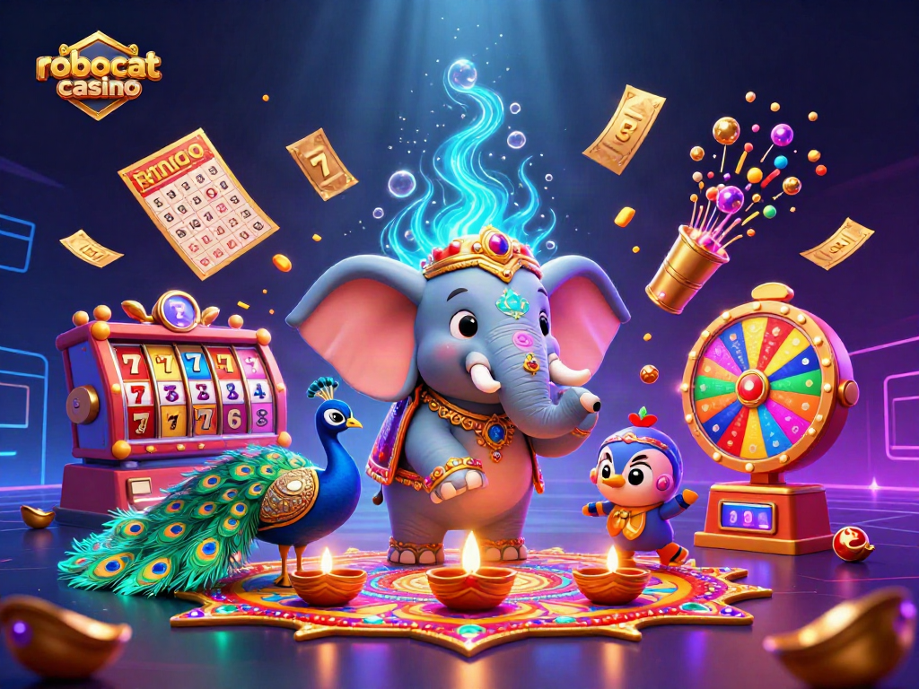 Experience excitement at robocat casino with colorful slot reels, a golden elephant, and dynamic gaming elements.