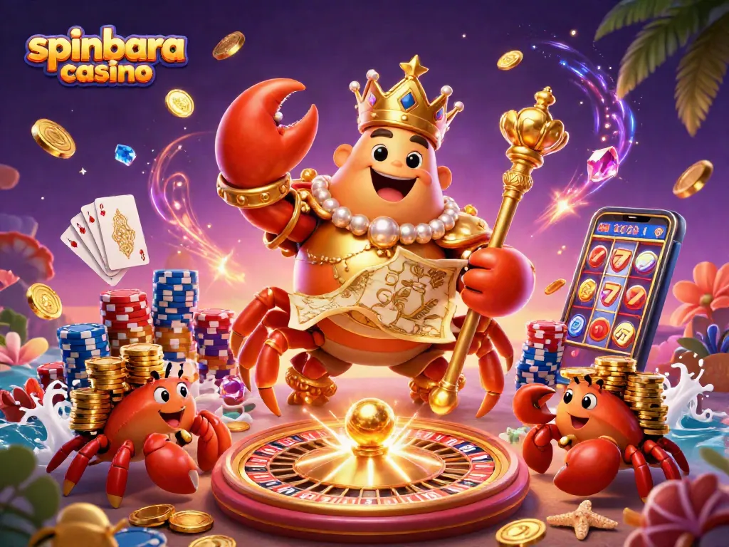 Experience spinbara casino with a vibrant crab-themed treasure scene filled with gaming elements.
